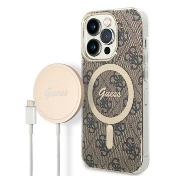 Oryginalne Etui IPHONE 14 PRO Guess Hardcase 4G Print MagSafe + Wireless Charger (GUBPP14MH4EACSW) brązowe - GUESS
