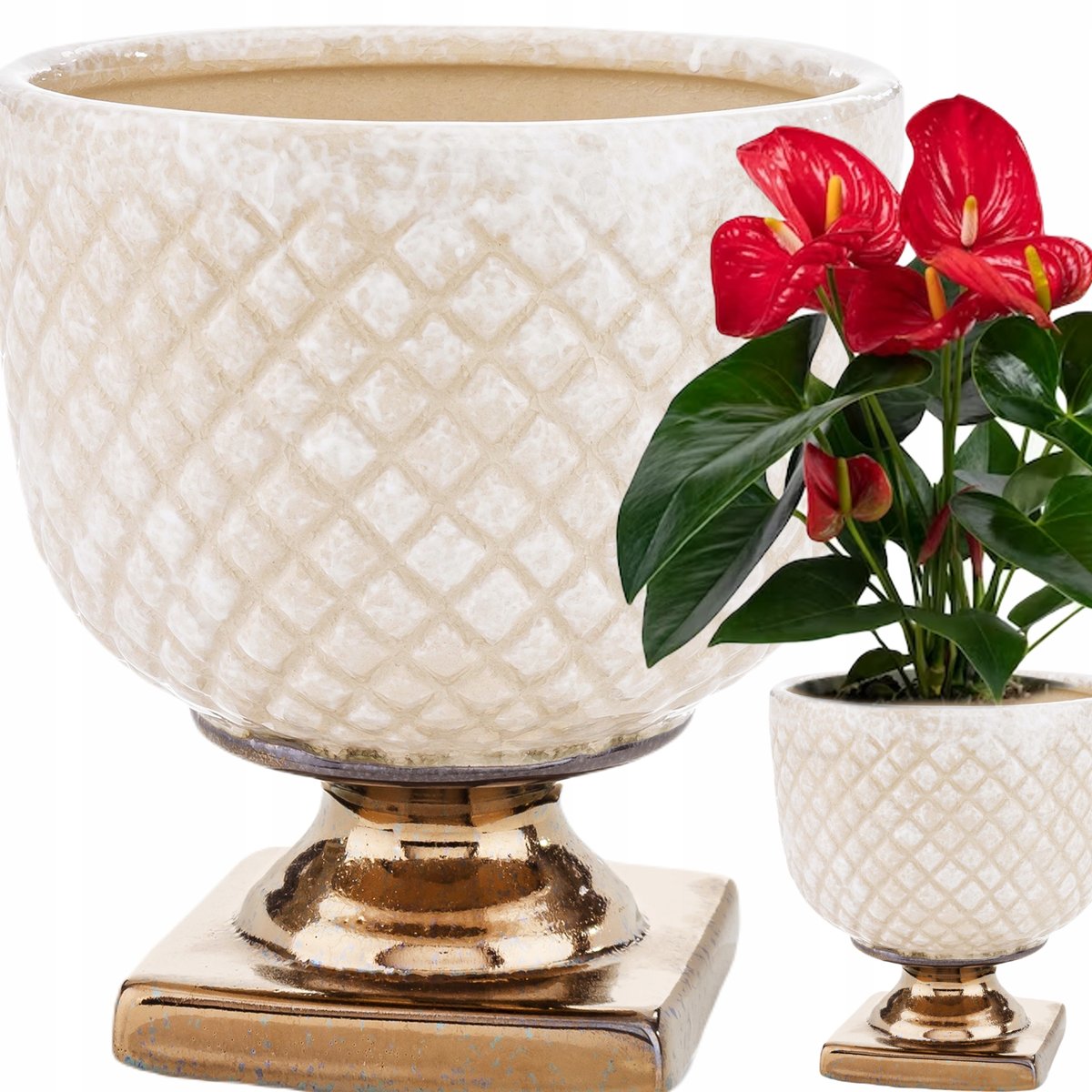 Osłonka ceramiczna na kwiaty ecru 16,5 x 15,5 doniczka na nóżce złoto ...