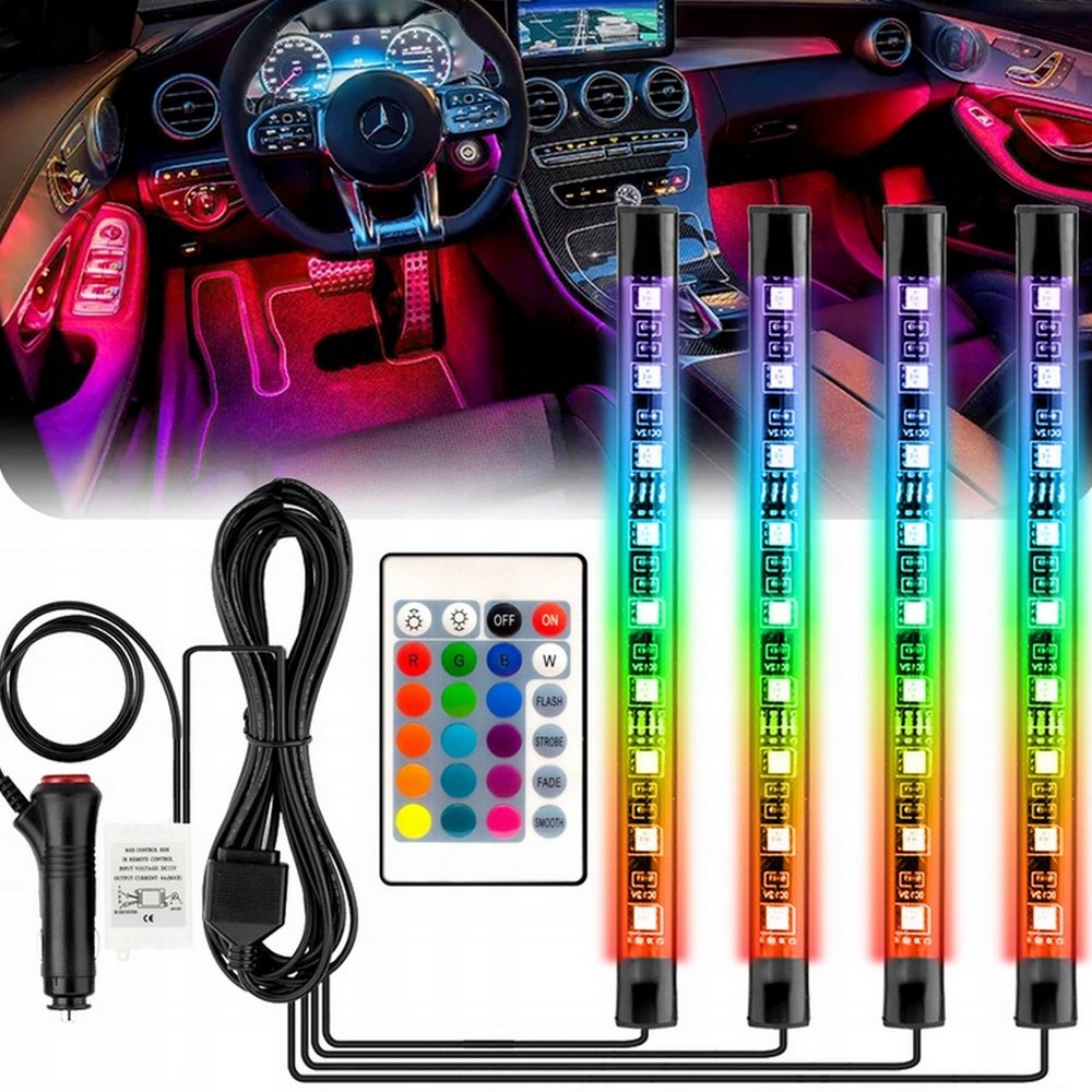 OŚWIETLENIE LED RGB WNĘTRZA AUTA KABINY SAMOCHODU PODŚWIETLENIE 4x ...