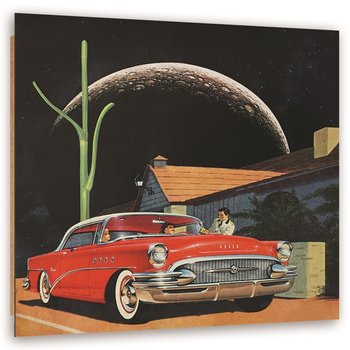 Ozdobny deco panel FEEBY, Czerwony samochód i księżyc, 80x80 cm - Feeby