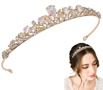 Ozdobny diadem korona złota z cyrkoniami kryształkami na ślub tiara - edibazzar