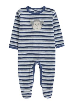 Pajacyk niemowlęcy chłopięcy długi rękaw, niebiesko-szary w paski z małpką, Bellybutton - BellyButton