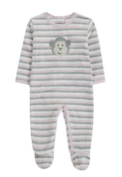Pajacyk niemowlęcy dziewczęcy długi rękaw, różowo-szare w paski z małpką, Bellybutton - BellyButton