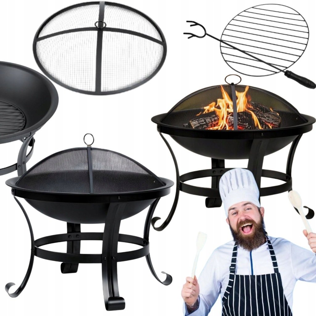PALENISKO GRILL OGRODOWY WĘGLOWY STALOWY Z UCHYWTAMI POKRYWĄ SOLIDNY 60CM