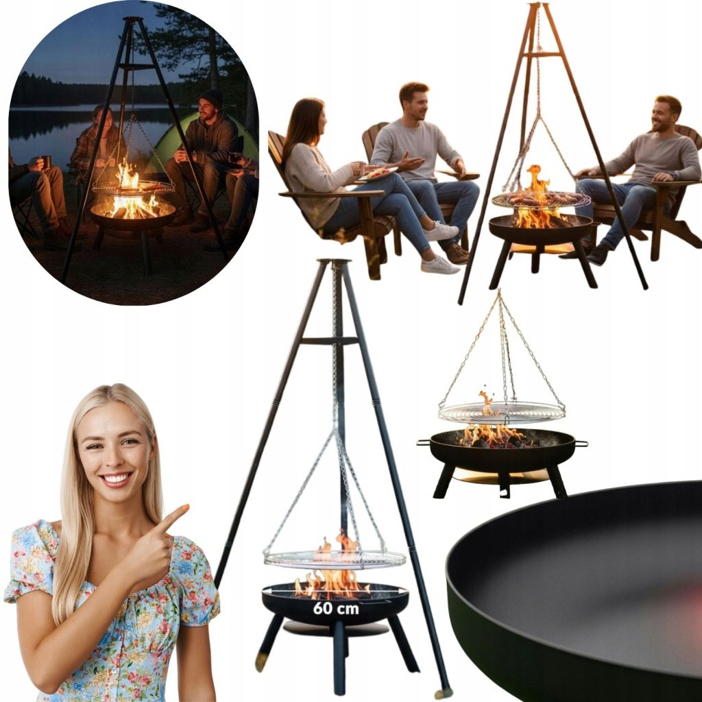 PALENISKO OGRODOWE TRÓJNÓG ZE STELAŻEM STALOWY GRILL OGRODOWY RUSZT 167CM