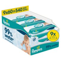 Pampers 99% Water chusteczki nawilżane dla dzieci, 9 opakowań po 60 chusteczek = 540 szt