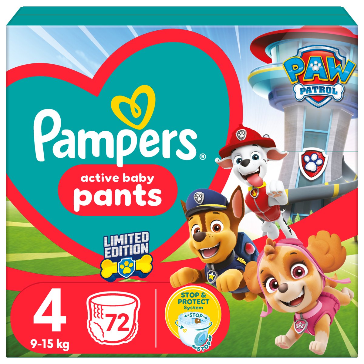 Pampers Active Baby Pants Pieluchomajtki Psi Patrol rozmiar 4 72 szt. 9 15 kg Pampers