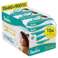 Pampers Aqua Soft Touch chusteczki nawilżane dla dzieci, 15 opakowań po 60szt chusteczek
