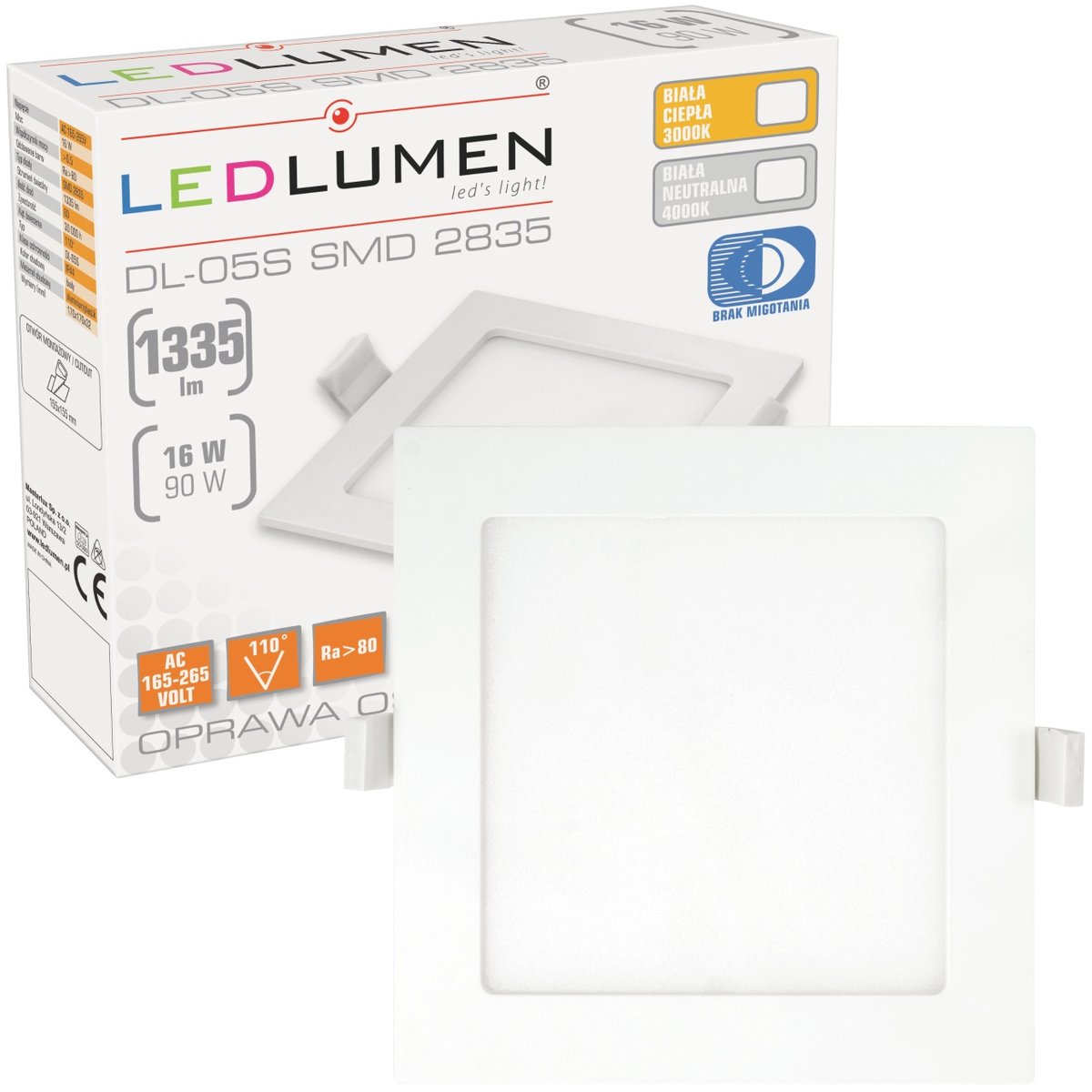 Panel LED Kwadratowy Podtynkowy 16W=90W 1335lm Plafon Oprawa Lampa Sufitowa Ciepła Biała 3000K