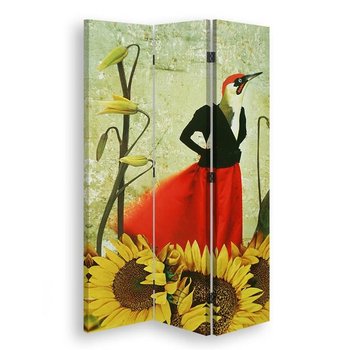 Parawan pokojowy FEEBY, Abstrakcja surrealizm kobieta z głową ptaka słoneczniki lilie, Dwustronny 110x170cm 3-częściowy - Feeby