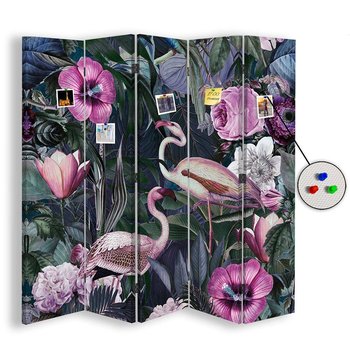 Parawan pokojowy FEEBY, Flamingi i kwiaty 5, Dwustronny PIN 180x170cm 5-częściowy - Feeby