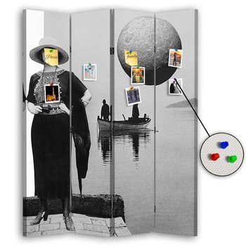 Parawan pokojowy FEEBY, Kolaż jezioro łódka księżyc kobieta w kapeluszu, Dwustronny PIN 145x170cm 4-częściowy - Feeby