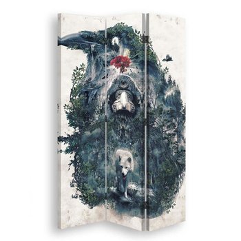 Parawan pokojowy FEEBY, Kruk i wilk abstrakcja, Dwustronny 110x170cm 3-częściowy - Feeby