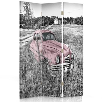 Parawan pokojowy FEEBY, Różowe auto w polu, Dwustronny 110x170cm 3-częściowy - Feeby