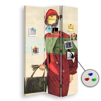 Parawan pokojowy FEEBY, Surrealizm kobieta w czerwonym kostiumie z głową kota, Dwustronny PIN 110x170cm 3-częściowy - Feeby
