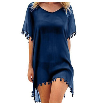 Pareo plażowe z frędzelkami GRANATOWE sukienka tunika - Luvu