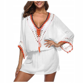 Pareo z kolorowym haftem sukienka tunika biała - S/M - Luvu