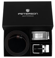 Pasek pas skórzany męski do spodni dwustronny Peterson zestaw prezentowy + 2 klamry czarny brązowy