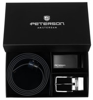 Pasek skórzany męski dwustronny elegancki 4w1 wymienne klamry Peterson zestaw prezentowy czarny granatowy