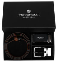 Pasek skórzany Peterson pas męski do spodni skóra 2x klamra zestaw 4w1 czarny brązowy