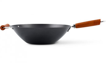 patelnia wok z drewnianą rączką 35 cm stal/drewno czarny/brązowy - TWM