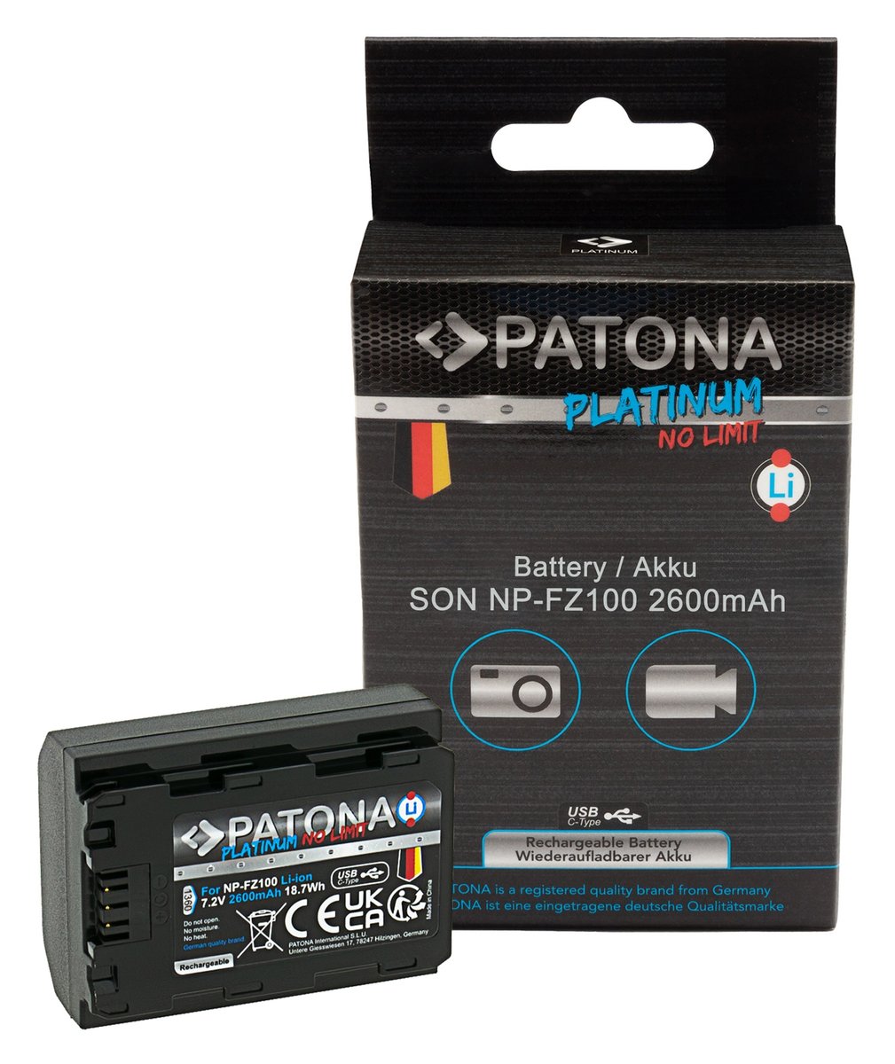Patona PATONA Platinum Akumulator Sony NP-FZ100 A7 III A7M3 Alpha 7 III A7 R III A7RM3 Alpha 7 R III A9 Alpha 9 z wejściem USB-C