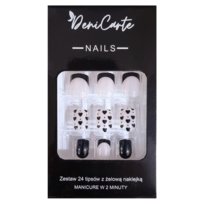 Paznokcie sztuczne tipsy kwadrat nude french serca czarne samoprzylepne