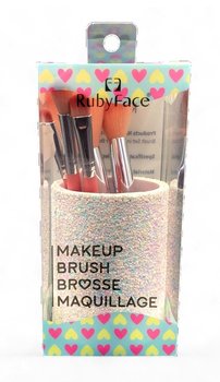 PĘDZLE DO MAKIJAŻU Komplet pięciu pędzli + brokatowy kubeczek RUBY FACE - Inna marka