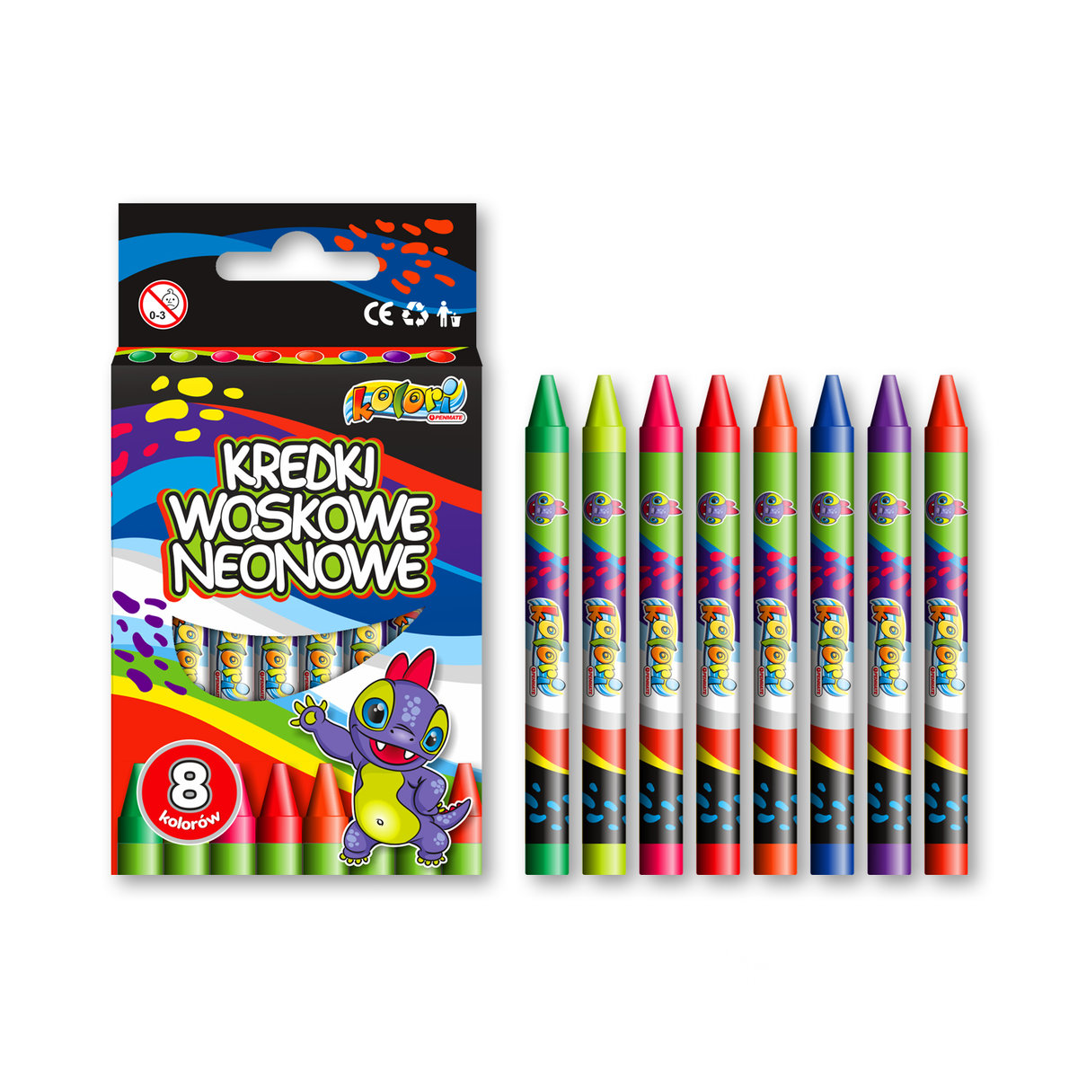 Zdjęcia - Ołówek Dino Penmate, Kredki woskowe, neonowe,  Kolori Premium, 8 kolorów 