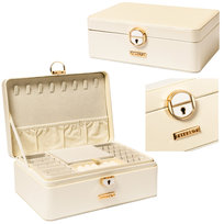 PETERSON Szkatułka na biżuterię ze skóry ekologicznej biała na kluczyk elegancki prezent wieszaki na łańcuszki bransoletki poduszki na zegarki uchwyty na kolczyki miejsce na pierścionki