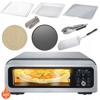 Piec do pizzy mini piekarnik 400°c TurboTronic akcesoria kamień taca blacha ruszt szczypce rękawica 18L 2000w Srebrny