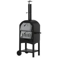 Piec do pizzy Outsunny 2 w 1 do użytku na zewnątrz z kółkami, grillem z pokrywą ochronną, łopatą do pizzy, 2 siatkami do grilla, wózkiem do grilla z kominem, stal, czarno-srebrny, 63 x 54 x 161 cm Outsunny