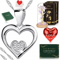 Piękny Srebrny Łańcuszek Z Sercem 925 + Róża Wieczna Prezent Dla Mamy Babci