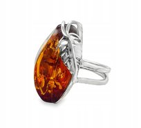 Pierścionek ozdobny liść srebrny z bursztynem bałtyckim ROZMIAR 18