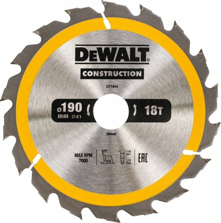 Piła tarczowa DEWALT, 190x30 mm