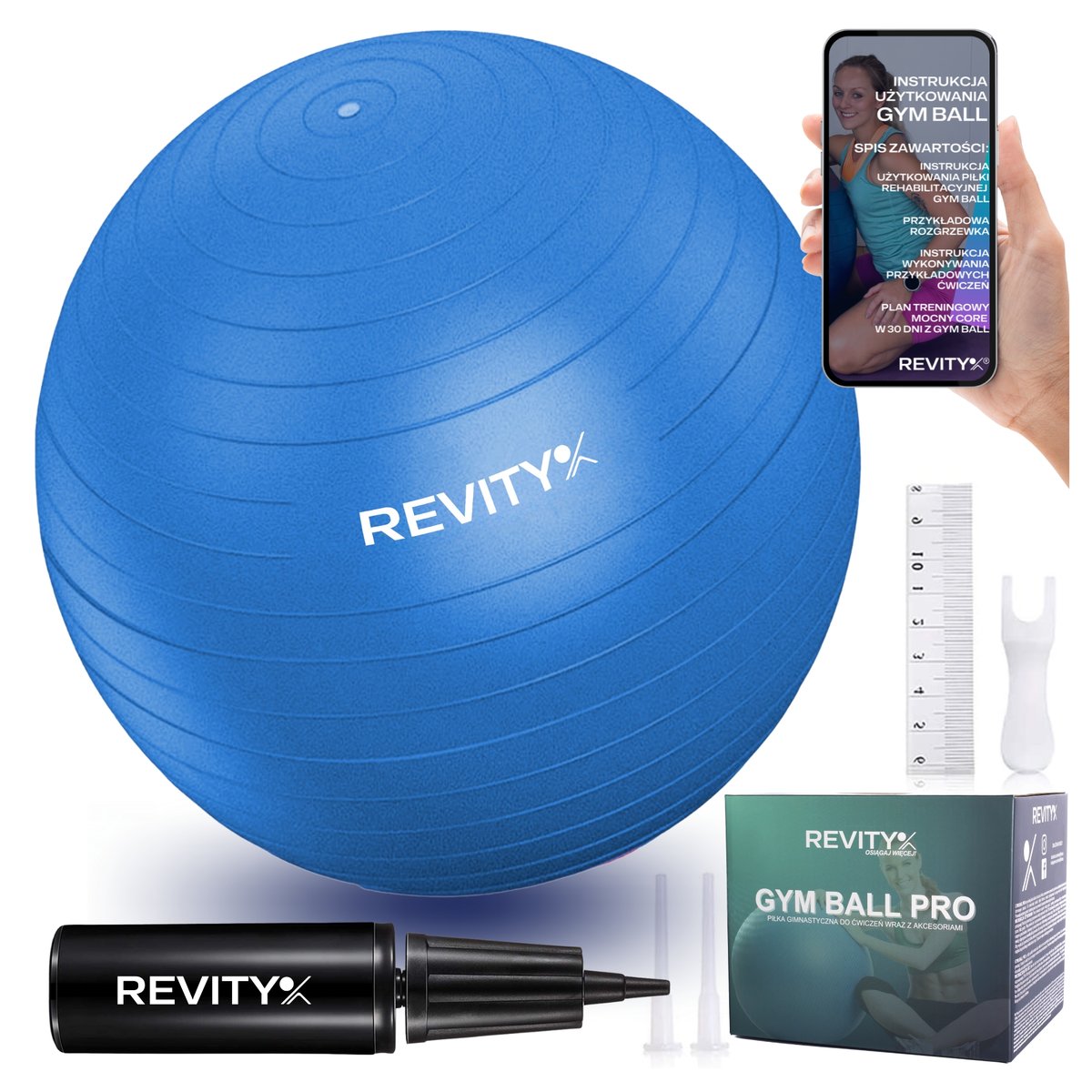PIŁKA GIMNASTYCZNA FITNESS REHABILITACYJNA GYM BALL /REVITY/ 55-75CM 1300G +E-BOOK PDF-Zdjęcie-0