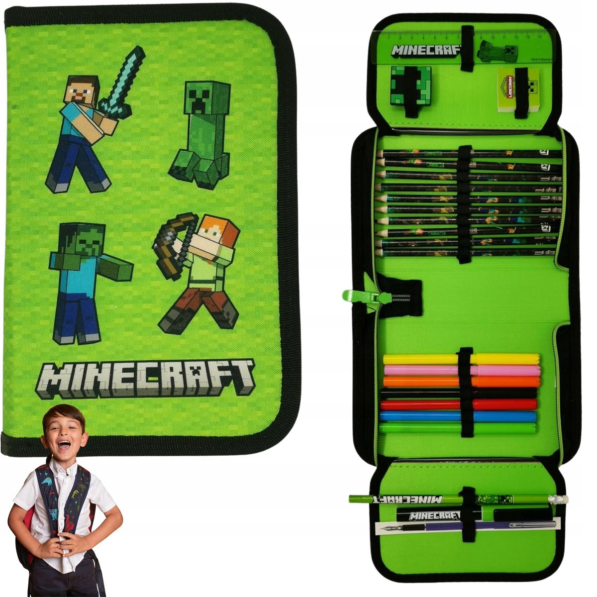 Piórnik rozkładany pojedynczy PIÓRNIK SZKOLNY MINECRAFT Z WYPOSAŻENIEM ...