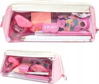 Piórnik szkolny z różnymi przyborami szkolnymi Kolor różowy
