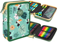 Piórnik z wyposażeniem dwukomorowy dla dziewczynki, Jumper XL Toucans CoolPack, liście, zielony CoolPack