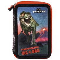 Piórnik z wyposażeniem trzykomorowy dla chłopca, Derform, dinozaury, czerwony