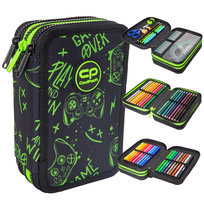 Piórnik z wyposażeniem trzykomorowy dla chłopca, Jumper 3 CoolPack, game night, czarny, 47 szt. CoolPack