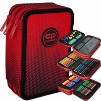 Piórnik z wyposażeniem trzykomorowy dla dzieci CoolPack Jumper 3 kropki czerwony, 46 elemantów CoolPack