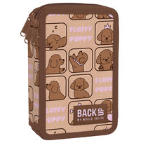 Piórnik z wyposażeniem trzykomorowy dla dziewczynki BackUp Fluffy Puppy pies brązowy