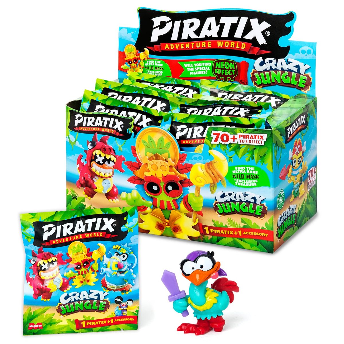 PIRATIX ADVENTURE WORLD Crazy Jungle Collection - Box of 24 Party Bags with Pirate Figures to Collect Each Bag Contains 1 Surprise Piratix and 1 Neon Effect Accessory