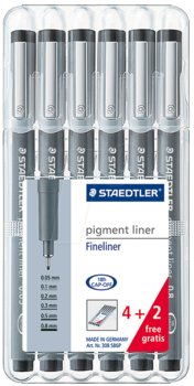 Pisaki z atramentem pigmentowym, zestaw 4+2 (0,05, 0,1, 0,2, 0,3, 0,5, 0,8mm), Staedtler - Staedtler