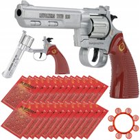 Pistolet rewolwer metalowy na spłonkę (kapiszony) + 12 opakowań = 864 strzały | realistyczna replika | bębenek 8-strzałowy | otwieranie łamane – przycisk na lufie | solidna metalowa konstrukcja | w zestawie kapiszony | zabawa i rekreacja | Pomysł na prezent