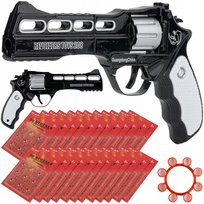 Pistolet rewolwer metalowy na spłonkę (kapiszony) + 12 opakowań = 864 strzały | realistyczna replika | bębenek 8-strzałowy | otwieranie łamane – przycisk na lufie | solidna metalowa konstrukcja | w zestawie kapiszony | zabawa i rekreacja | pomysł na prezent