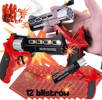 Pistolet rewolwer metalowy na spłonkę (kapiszony) + 12 opakowań = 864 strzały | realistyczna replika | bębenek 8-strzałowy | otwieranie łamane – przycisk na lufie | solidna metalowa konstrukcja | w zestawie kapiszony | zabawa i rekreacja | pomysł na prezent