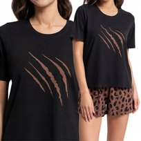 PIŻAMA DAMSKA BAWEŁNIANA KRÓTKI RĘKAW MOTYW ZWIERZĘCY MORAJ S BLACK