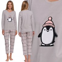 PIŻAMA DAMSKA BAWEŁNIANA Z DŁUGIM RĘKAWEM WZÓR PINGWIN KOMFORTOWA MORAJ 3XL GREY